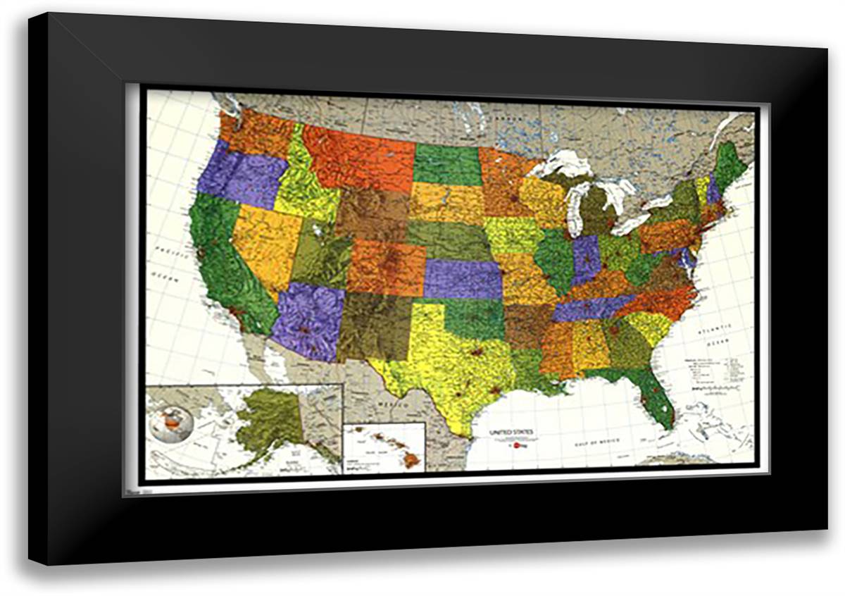 US Map - 09 38x27 Black Modern Wood Framed Art Print Poster