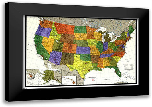 US Map - 09 38x27 Black Modern Wood Framed Art Print Poster