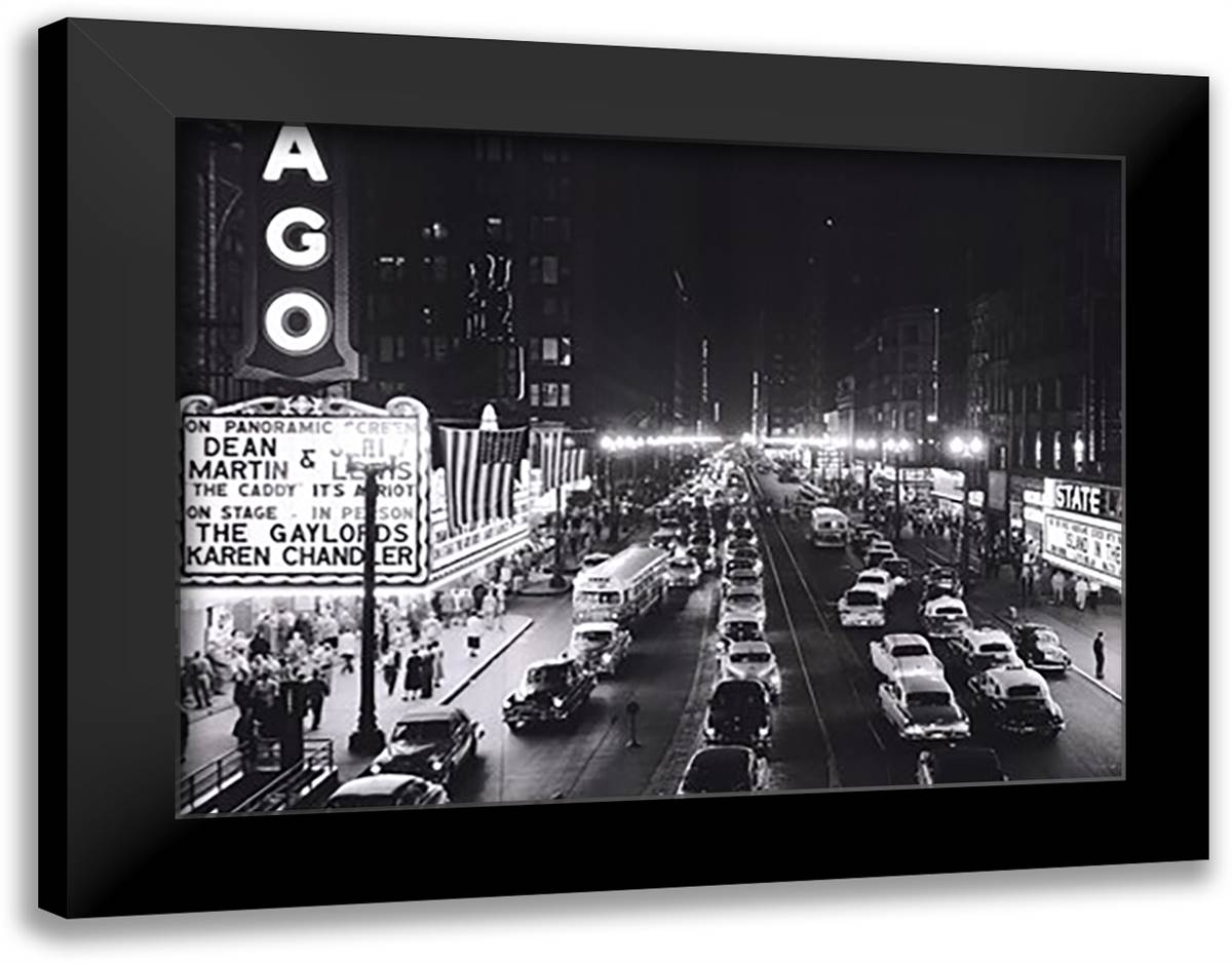 Night Scene of Chicago State Street, 1953 36x28 Black Modern Wood Framed Art Print Poster by Roberts, H. Hamstrong