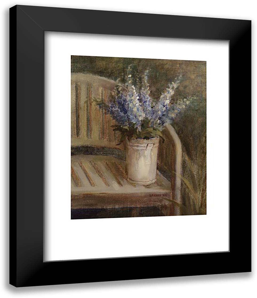 Larkspur Bouquet on Bench 15x18 Black Modern Wood Framed Art Print Poster by Nai, Danhui