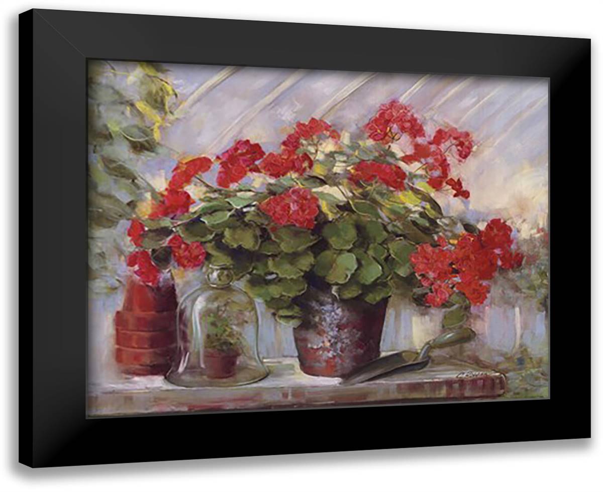 Potting Geraniums 24x20 Black Modern Wood Framed Art Print Poster by Rowan, Carol