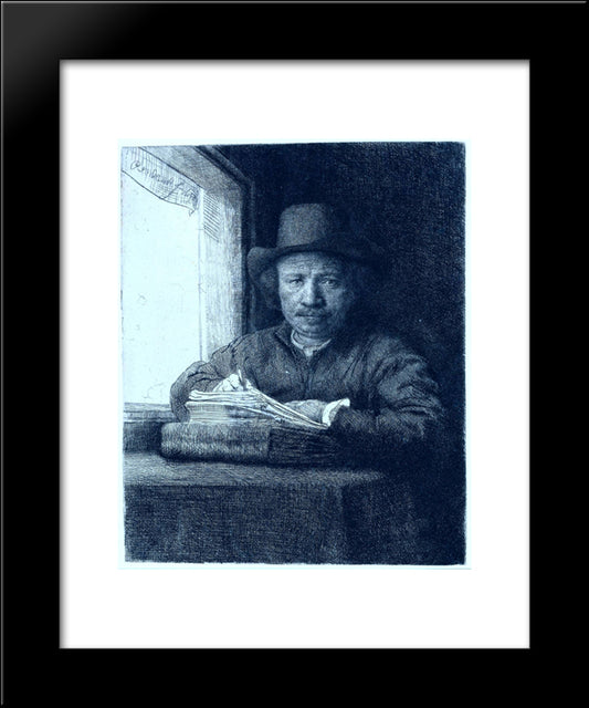 Rembrandt Drawing At A Window 20x24 Black Modern Wood Framed Art Print Poster by Rembrandt