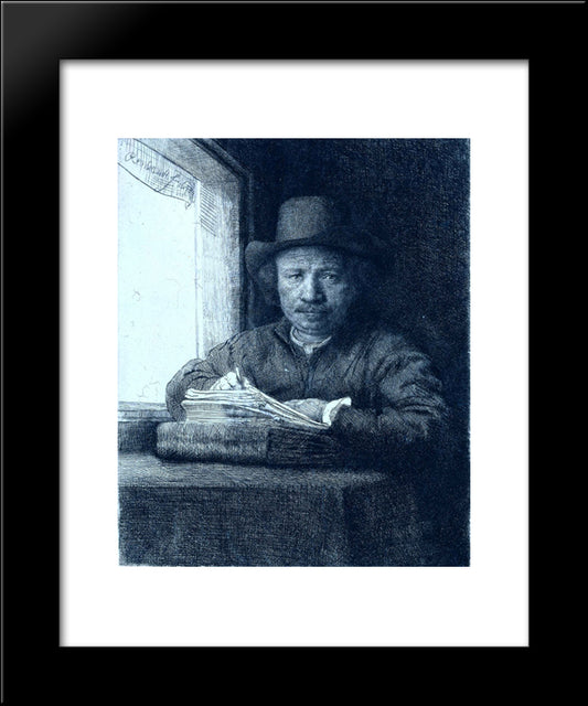 Rembrandt Drawing At A Window 20x24 Black Modern Wood Framed Art Print Poster by Rembrandt