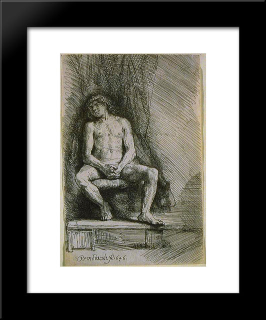 Study From The Nude Man Seated Before A Curtain 20x24 Black Modern Wood Framed Art Print Poster by Rembrandt