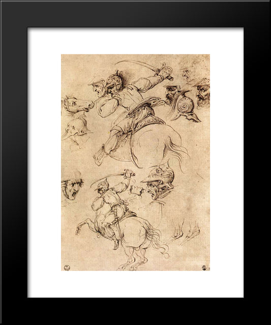 Study Of Battles On Horseback 20x24 Black Modern Wood Framed Art Print Poster by da Vinci, Leonardo