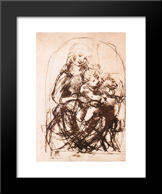Study Of The Madonna And Child With A Cat 20x24 Black Modern Wood Framed Art Print Poster by da Vinci, Leonardo