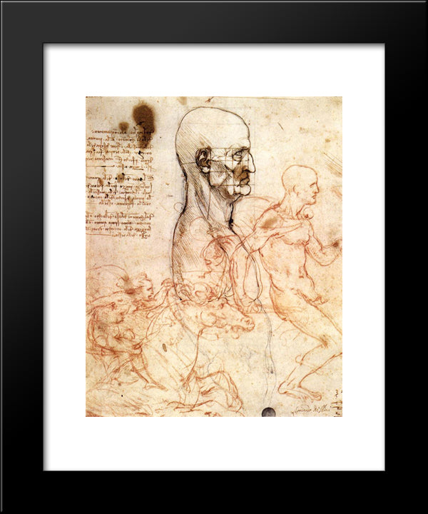 Profile Of A Man And Study Of Two Riders 20x24 Black Modern Wood Framed Art Print Poster by da Vinci, Leonardo