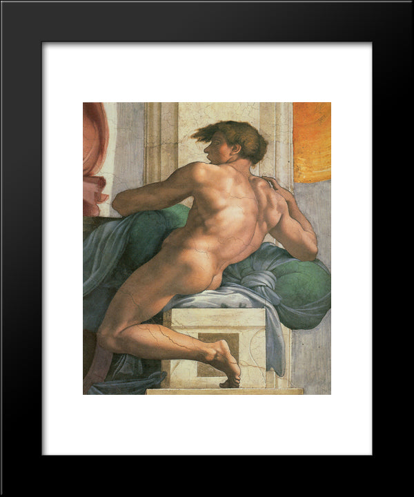 Ceiling Of The Sistine Chapel: Ignudi, Next To Separation Of Land And The Persian Sybil [Right] 20x24 Black Modern Wood Framed Art Print Poster by Michelangelo