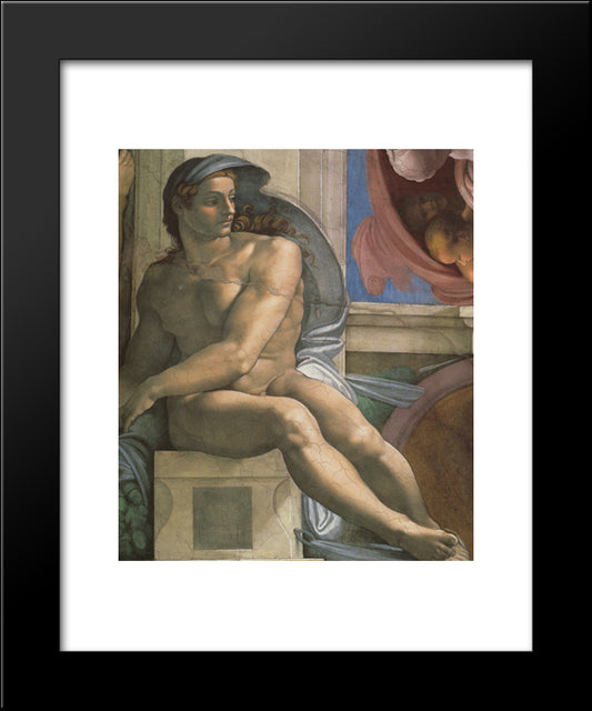 Ceiling Of The Sistine Chapel: Ignudi, Next To Separation Of Land And The Persian Sybil [Left] 20x24 Black Modern Wood Framed Art Print Poster by Michelangelo
