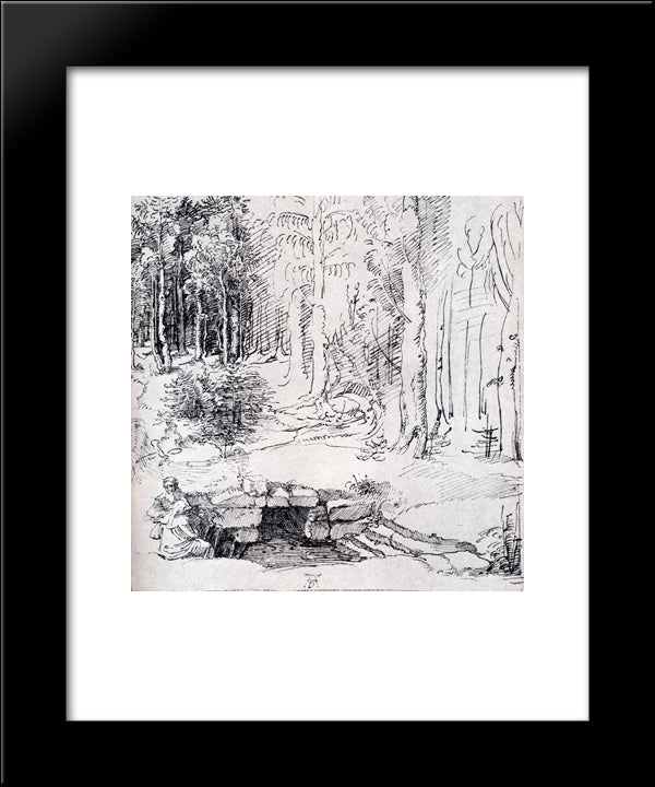Forest Glade With A Walled Fountain By Which Two Men Are Sitting 20x24 Black Modern Wood Framed Art Print Poster by Durer, Albrecht
