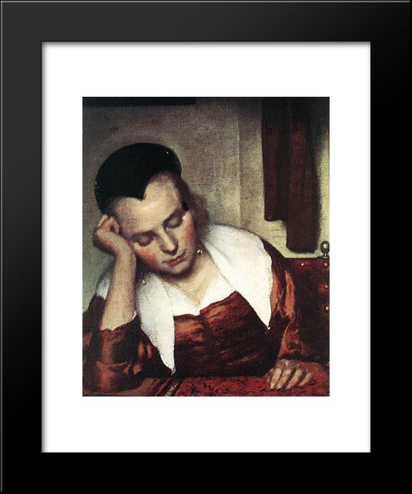 A Woman Asleep At Table [Detail: 1] 20x24 Black Modern Wood Framed Art Print Poster by Vermeer, Johannes