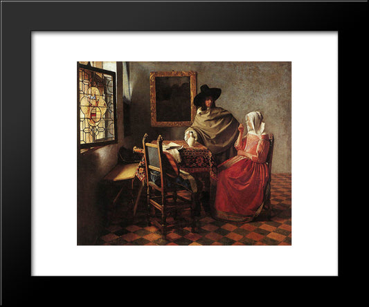 A Lady Drinking And A Gentleman 20x24 Black Modern Wood Framed Art Print Poster by Vermeer, Johannes