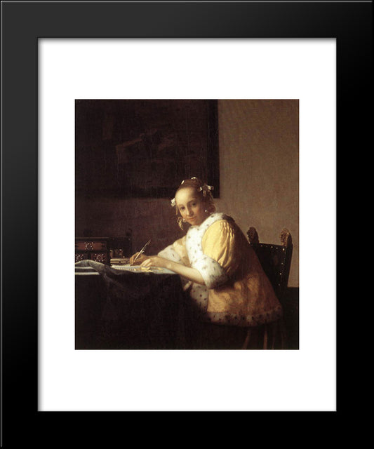 A Lady Writing A Letter 20x24 Black Modern Wood Framed Art Print Poster by Vermeer, Johannes