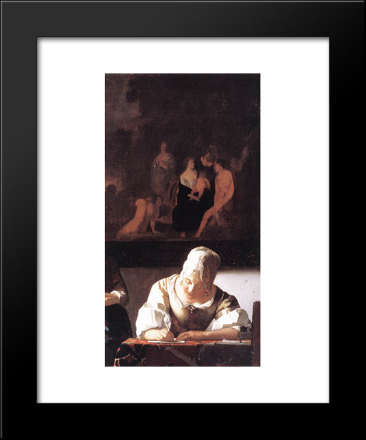 Lady Writing A Letter With Her Maid [Detail: 3] 20x24 Black Modern Wood Framed Art Print Poster by Vermeer, Johannes