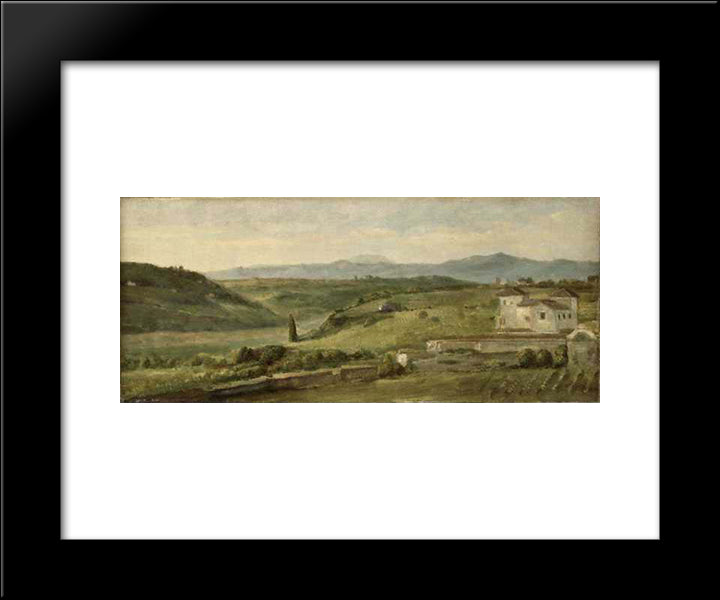 Panoramic Landscape With A Farmhouse 20x24 Black Modern Wood Framed Art Print Poster by Watts, George Frederick