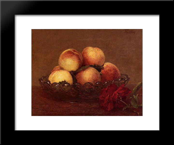 Nature Morte: Peches Dans Une Coupe De Verre, Une Rose Fonces Avec Des Feuilles A Droite 20x24 Black Modern Wood Framed Art Print Poster by Fantin Latour, Henri