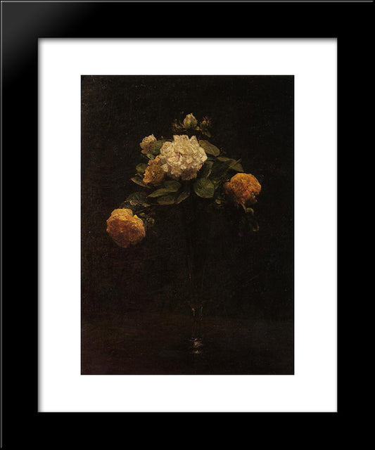 White And Yellow Roses In A Tall Vase 20x24 Black Modern Wood Framed Art Print Poster by Fantin Latour, Henri