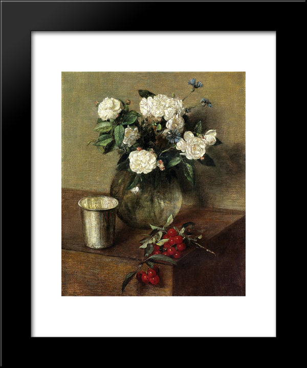 White Roses And Cherries 20x24 Black Modern Wood Framed Art Print Poster by Fantin Latour, Henri