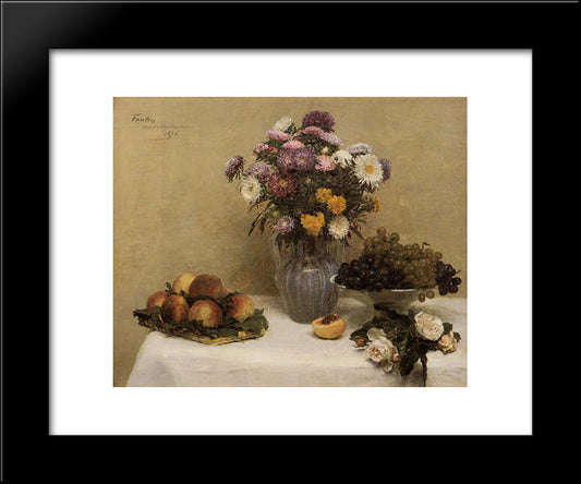 White Roses, Chrysanthemums In A Vase, Peaches And Grapes On A Table With A White Tablecloth 20x24 Black Modern Wood Framed Art Print Poster by Fantin Latour, Henri