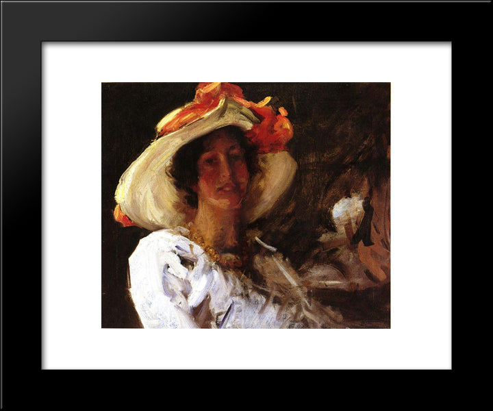 Portrait Of Clara Stephens Wearing A Hat With An Orange 20x24 Black Modern Wood Framed Art Print Poster by Chase, William Merritt