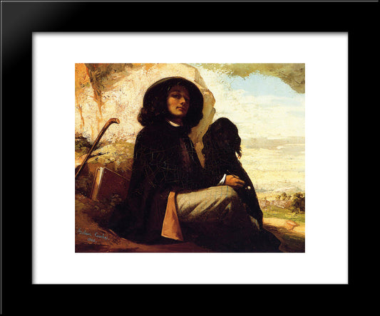 Self Portrait With A Black Dog 20x24 Black Modern Wood Framed Art Print Poster by Courbet, Gustave