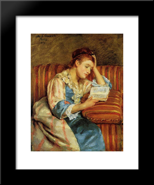 Mrs. Duffee Seated On A Striped Sofa, Reading 20x24 Black Modern Wood Framed Art Print Poster by Cassatt, Mary