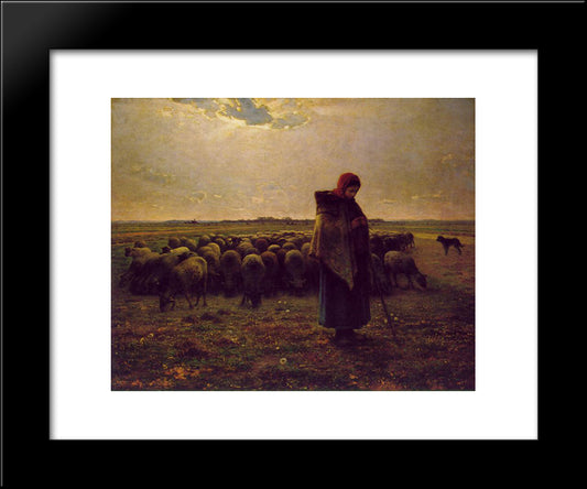 Shepherdess With Her Flock 20x24 Black Modern Wood Framed Art Print Poster by Millet, Jean Francois