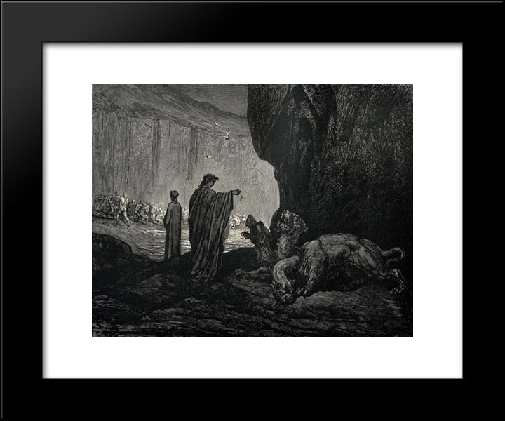 The Inferno, Canto 6, Lines 24'26: Then My Guide, His Palms Expanding On The Ground, Thence Filled With Earth Rais Them, And Cast It In His Ravenous Maw. 20x24 Black Modern Wood Framed Art Print Poster by Dore, Gustave