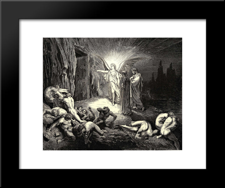 The Inferno, Canto 9, Lines 87'89: To The Gate He Came, And With His Wand Touch It, Whereat Open Without Impediment It Flew. 20x24 Black Modern Wood Framed Art Print Poster by Dore, Gustave