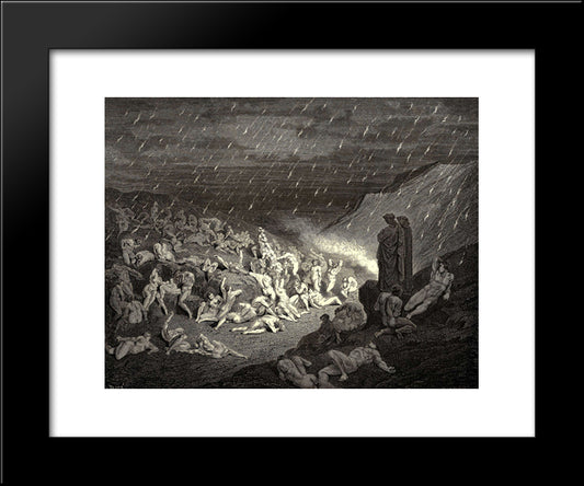 The Inferno, Canto 14, Line 37'39: Unceasing Was The Play Of Wretched Hands, Now This, Now That Way Glancing, To Shake Off The Heat, Still Falling Fresh. 20x24 Black Modern Wood Framed Art Print Poster by Dore, Gustave