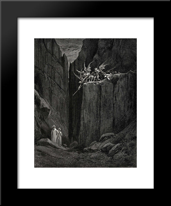 The Inferno, Canto 23, Lines 52'54: Scarcely Had His Feet Reach To The Lowest Of The Bed Beneath, When Over Us The Steep They Reach 20x24 Black Modern Wood Framed Art Print Poster by Dore, Gustave