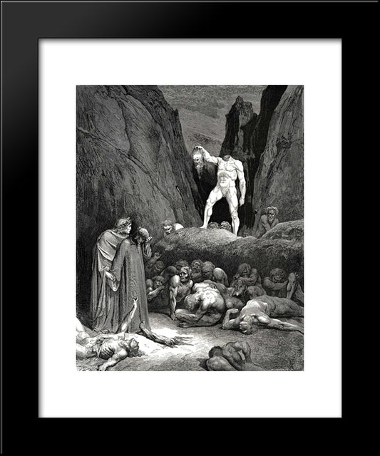 The Inferno, Canto 28, Lines 116'119: By The Hair It Bore The Sever Member, Lantern'Wise Pendent In Hand, Which Look At Us And Said, Woe's Me! 20x24 Black Modern Wood Framed Art Print Poster by Dore, Gustave