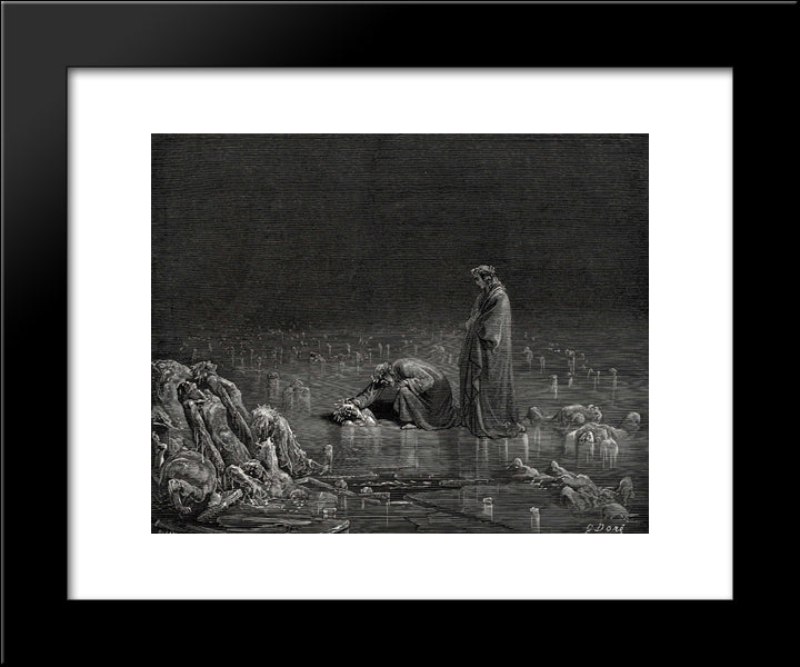 The Inferno, Canto 32, Lines 97'98: Then Seizing On His Hinder Scalp, I Cried: Name Thee, Or Not A Hair Shall Tarry Here 20x24 Black Modern Wood Framed Art Print Poster by Dore, Gustave