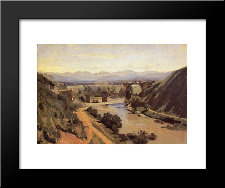 The Augustan Bridge At Narni 20x24 Black Modern Wood Framed Art Print Poster by Corot, Jean Baptiste Camille