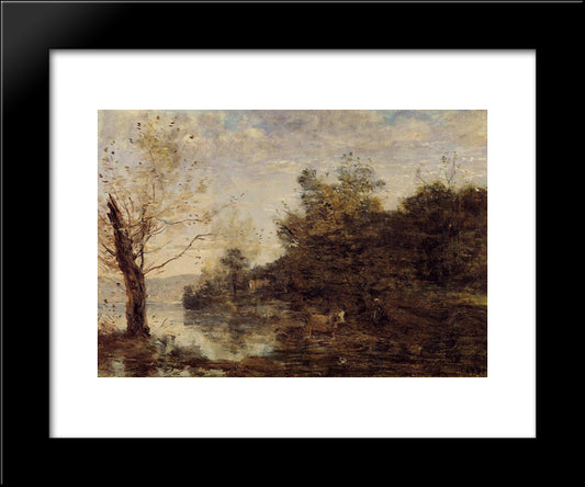 Cowherd By The Water 20x24 Black Modern Wood Framed Art Print Poster by Corot, Jean Baptiste Camille
