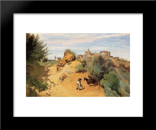 Genzano ' Goatherd And Village 20x24 Black Modern Wood Framed Art Print Poster by Corot, Jean Baptiste Camille