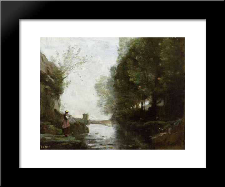 Le Cours D'Eau A La Tour Carree 20x24 Black Modern Wood Framed Art Print Poster by Corot, Jean Baptiste Camille