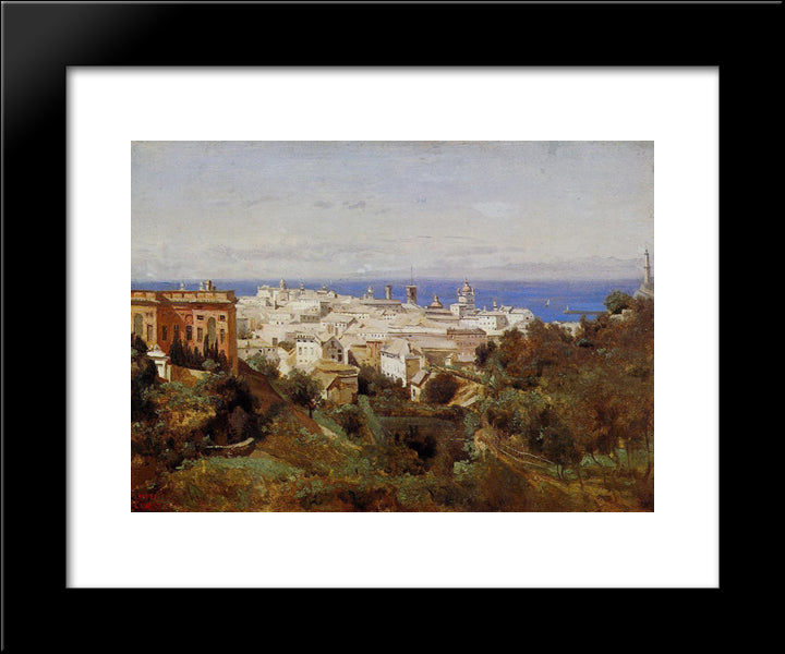View Of Genoa From The Promenade Of Acqua Sola 20x24 Black Modern Wood Framed Art Print Poster by Corot, Jean Baptiste Camille