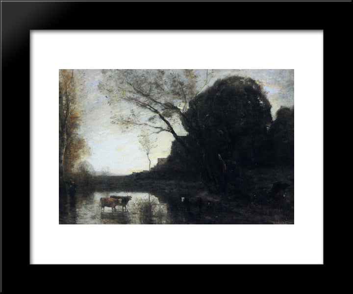 Le Gue Sous Larbre Penche 20x24 Black Modern Wood Framed Art Print Poster by Corot, Jean Baptiste Camille