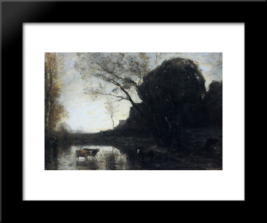 Le Gue Sous Larbre Penche 20x24 Black Modern Wood Framed Art Print Poster by Corot, Jean Baptiste Camille