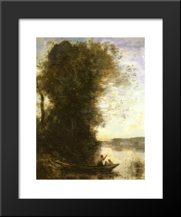 Le Batelier Quittant La Rive Avec Une Femme Et Un Enfant Assis Dans Sa Barque, Soleil Couchant 20x24 Black Modern Wood Framed Art Print Poster by Corot, Jean Baptiste Camille