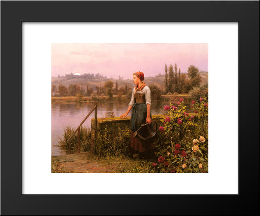 A Woman With A Watering Can By The River 20x24 Black Modern Wood Framed Art Print Poster by Knight, Daniel Ridgway