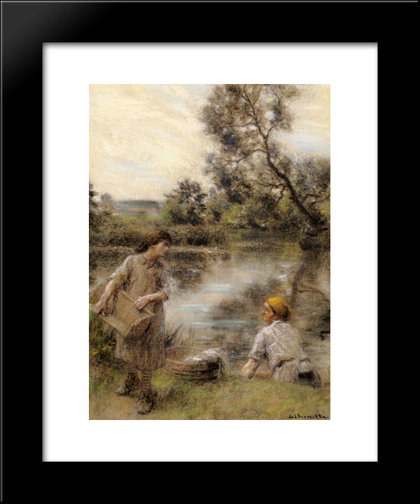 Laveuses Bord De Marne Ou Lavandiere Et Sa Fille Au Bord De La Riviere 20x24 Black Modern Wood Framed Art Print Poster by L'Hermitte, Leon Augustin