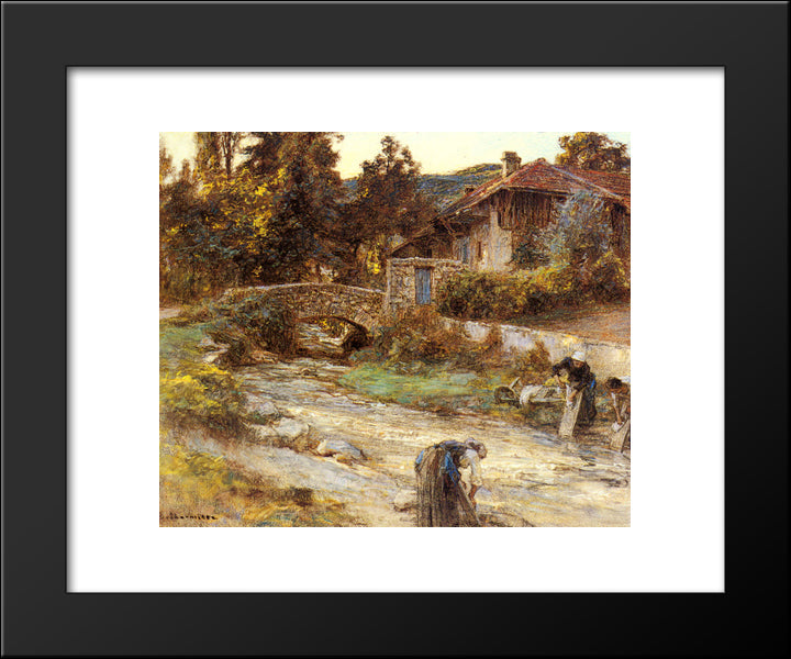 Washerwomen At A Stream With Buildings Beyond 20x24 Black Modern Wood Framed Art Print Poster by L'Hermitte, Leon Augustin