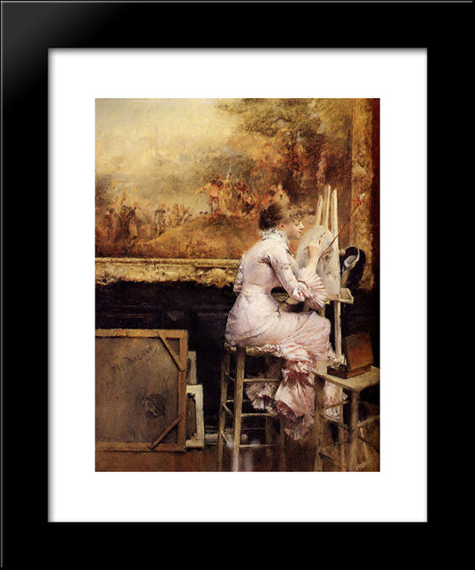 Young Watercolourist In The Louvre 20x24 Black Modern Wood Framed Art Print Poster by Dagnan-Bouveret, Pascal Adolphe Jean