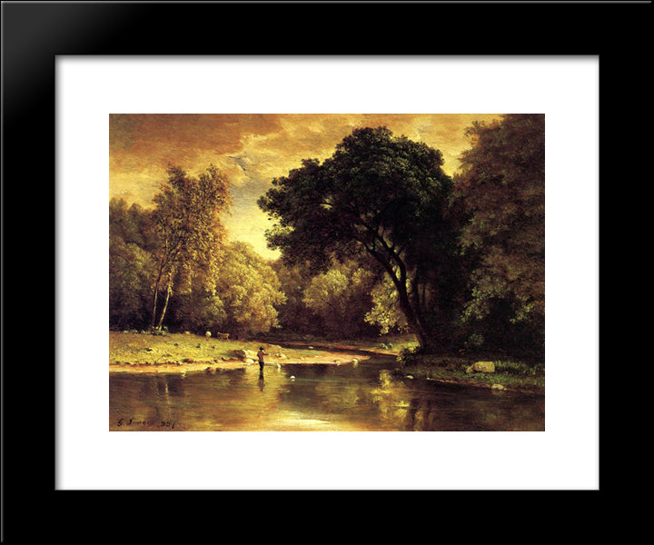 Fisherman In A Stream 20x24 Black Modern Wood Framed Art Print Poster by Inness, George