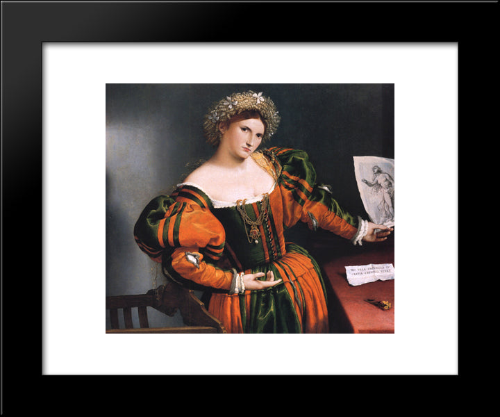 Portrait Of A Lady With A Picture Of The Suicide Of Lucretia 20x24 Black Modern Wood Framed Art Print Poster by Lotto, Lorenzo