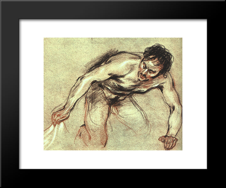 Kneeling Male Nude 20x24 Black Modern Wood Framed Art Print Poster by Watteau, Antoine