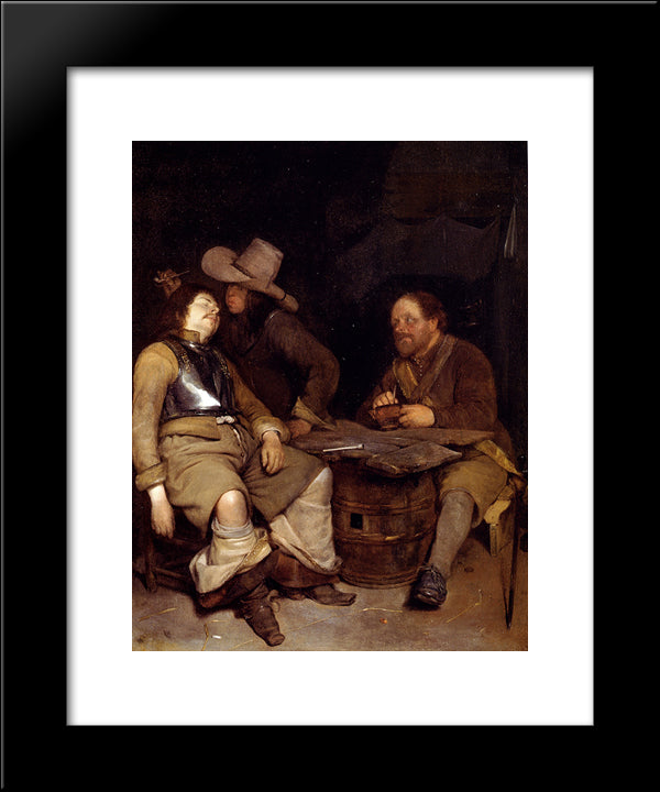 A Guard Room Interior, With A Soldier Blowing Smoke In The Face Of His Sleeping Companion, A Third Looking On 20x24 Black Modern Wood Framed Art Print Poster by Terborch, Gerard