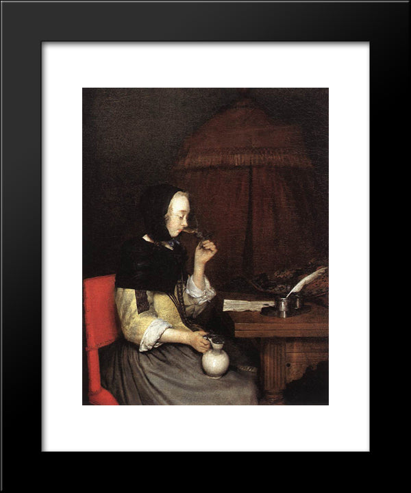 A Woman Drinking Wine 20x24 Black Modern Wood Framed Art Print Poster by Terborch, Gerard